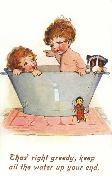 Bath time. Squabbling children. Brother and sister arguing at bathtime. Date: circa 1932
