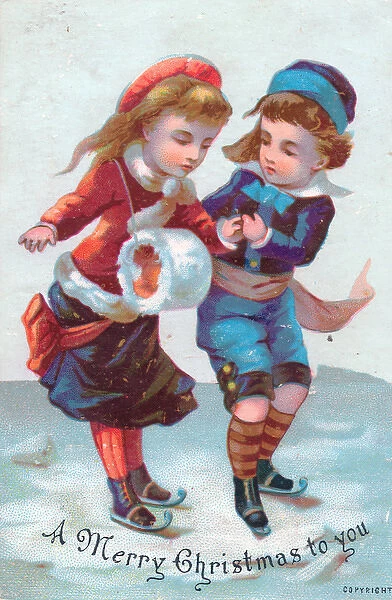 Boy and girl skating on a Christmas card