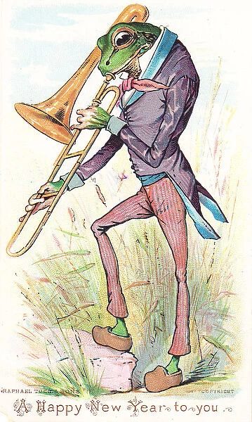 Frog playing trombone on a New Year card