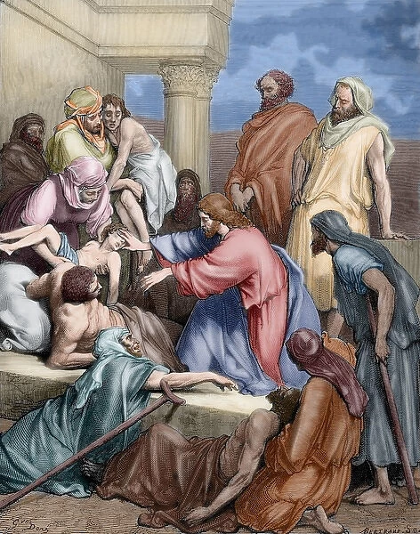 Jesus healing the sick. Engraving. Colored