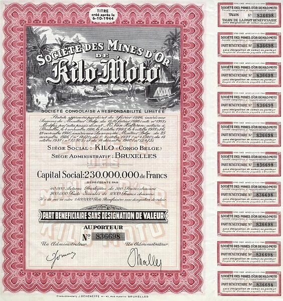 Share certificate and coupons, Kilo-Moto Goldmines