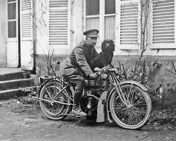 Tank Corps mascot on motorcycle, Western Front, WW1