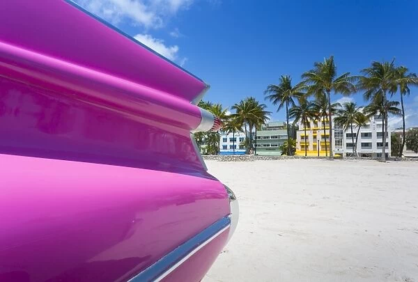 Classic car on Ocean Drive and Art Deco architecture, Miami Beach, Miami, Florida