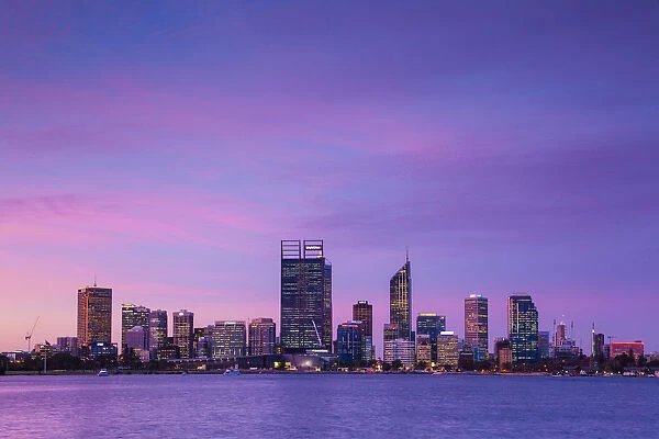 Australia, Western Australia, Perth, city skyline from Swan River, dusk