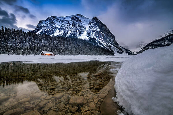 Mountain & Cabin Reflecting in Lake Louise, Alberta, Canada