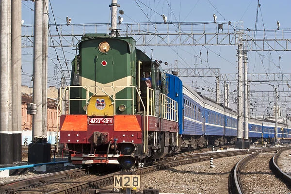 Russia, St Petersburg, Train leaving St Petersburg Railway Station