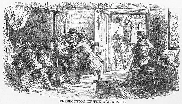 ALBIGENSIAN CRUSADE. Persecution of the Albigenses in 13th century France. Wood engraving, American, 1885