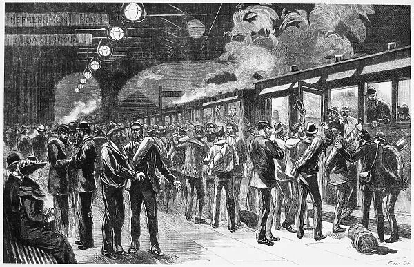 AUSTRALIA: GOLD RUSH, 1880. Men at Sydney Railway Station boarding a train for the gold fields of Temora, New South Wales, during the gold rush that started in 1879. Wood engraving from an Australian newspaper of 1880