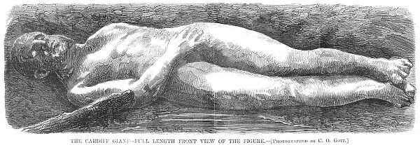 CARDIFF GIANT, 1869. The Cardiff Giant, one of the most famous hoaxes in American history, was a 10-foot-tall stone man discovered on the Newell farm at Cardiff, New York, on 16 October 1869. Wood engraving from a contemporary, American, newspaper
