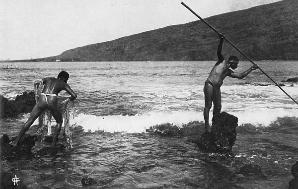 HAWAII: FISHERMEN, c1905. Native Hawaiian fishermen fishing with a spear and a net