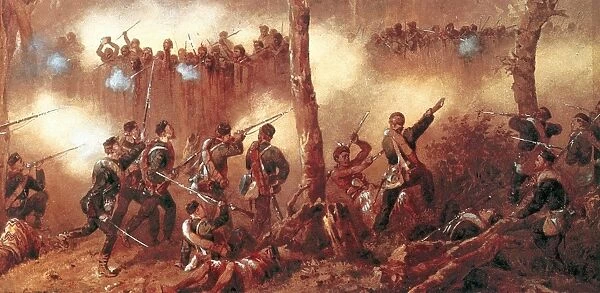 NEW ZEALAND WARS, 1863. Battle between British forces and Maori warriors in New Zealand, 1863