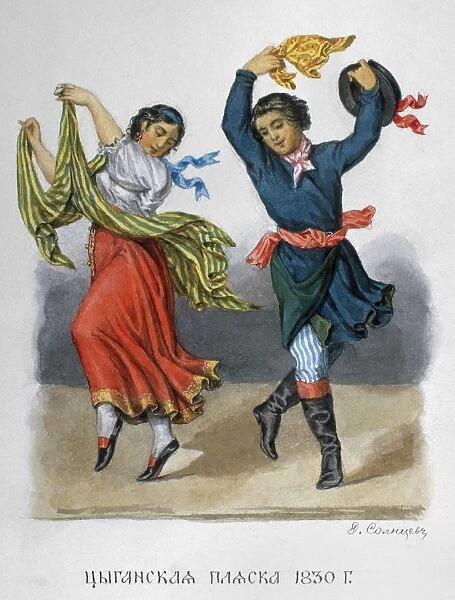 RUSSIAN GYPSIES, 1830. Russian gypsies dancing. Watercolor by Fedor Solntsev, 1830