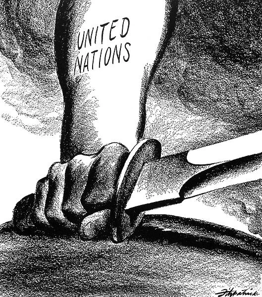 United for War, Why Not for Peace? American cartoon by D. R. Fitzpatrick, 1944, on the hope that the Allied nations united by World War II would be able to remain united to preserve the peace at wars end