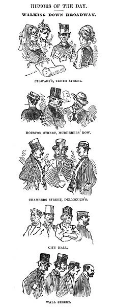 WALKING DOWN BROADWAY. Cartoon sequence from an American newspaper of 1873, depicting