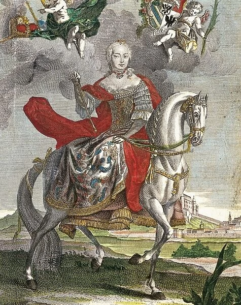 Austria, Vienna, Portrait of Empress Maria Theresa of Austria (Vienna, 1717-1780) on horseback, color engraving