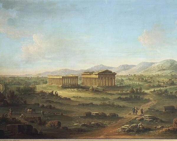 Two great temples of Paestum, Basilica on left and Temple of Neptune or Poseidon on right, by John Robert Cozens