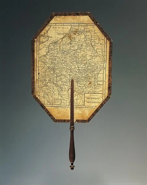 Map of Northeastern France, gouache-painted cardboard fan with watercolored print and shaped wood handle, 1780-90