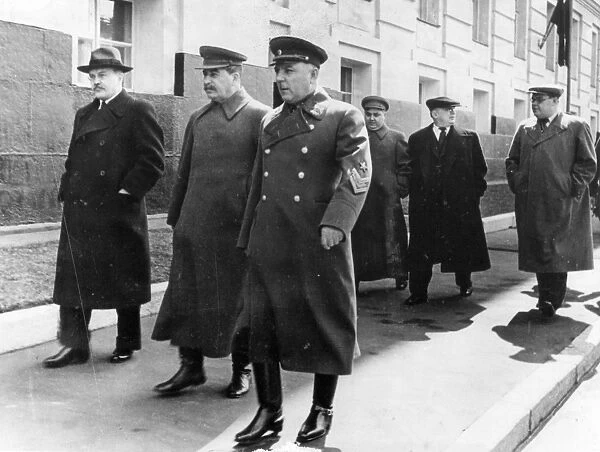 Moscow, ussr may day 1941: walking to the may day celebrations in red square, left to right: v, molotov, soviet premier josef stalin, k, voroshilov, g, malenkov, l, beria (head of secret police)