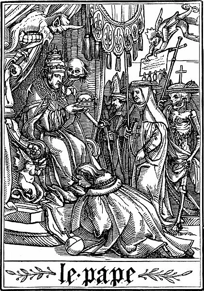 The Pope visited by Death. From Hans Holbein the Younger Les Simulachres de la Mort (Dance of Death