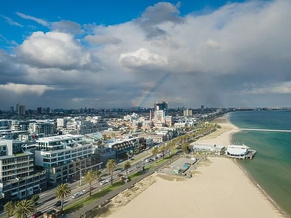 Aerial view of Port Melbourne and st. Kilda with rainbow