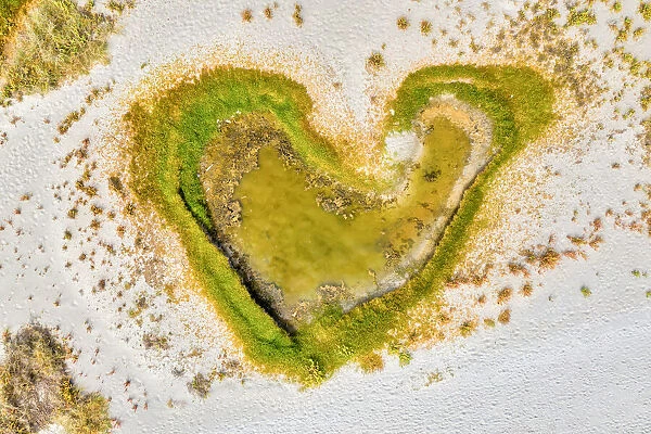 Green heart shaped puddle on a white sandy beach beach