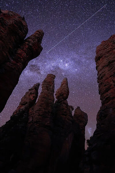 A satellite trail and the Milky Way. The Lost City. Limmen National Park. Northern Territory. Australia