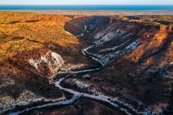 Sunset drone image over Charles Knife Canyon in Cape Range National Park Exmouth