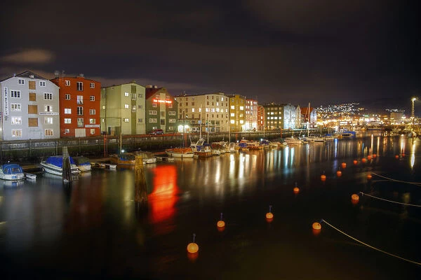Trondheim night canal and marina outside terminal