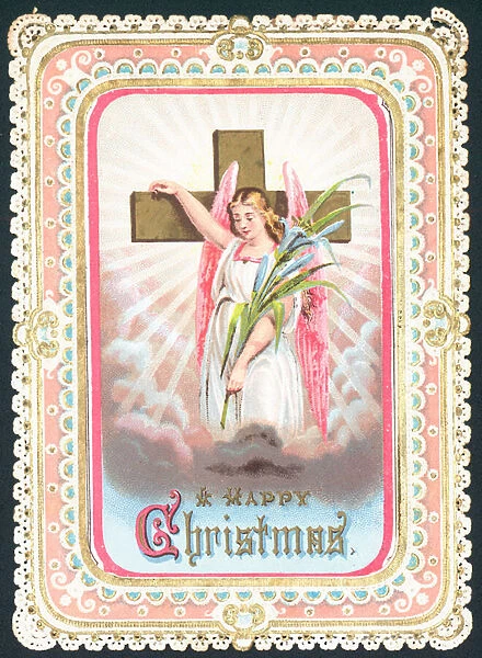 Angel standing with Cross, Christmas Card (chromolitho)