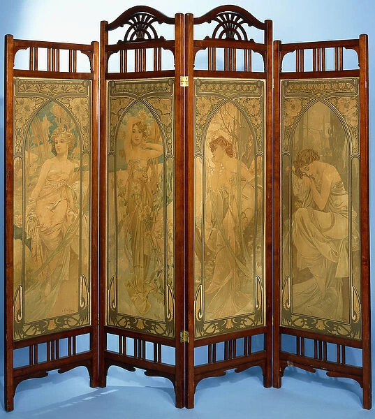 An Art Nouveau screen, the panels decorated with the series Les Heures du Jour