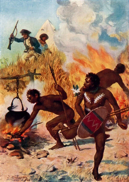 The Australian natives in Captain Cooks time (colour litho)