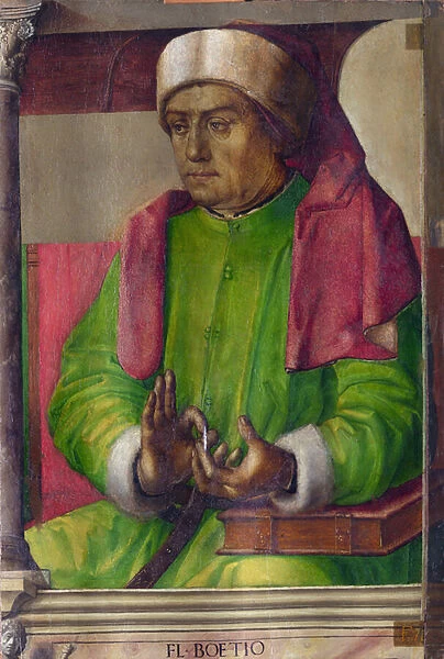 Boece (480-524) - Boethius par Berruguete, Pedro (1450-1503). Oil on wood, size : 97x63, c. 1473-1475, Galleria nazionale delle Marche, Urbino