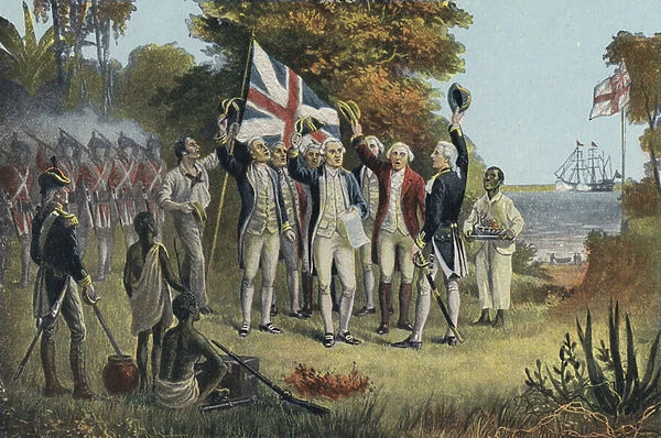 Captain Cook Taking Possession of Australia (colour litho)
