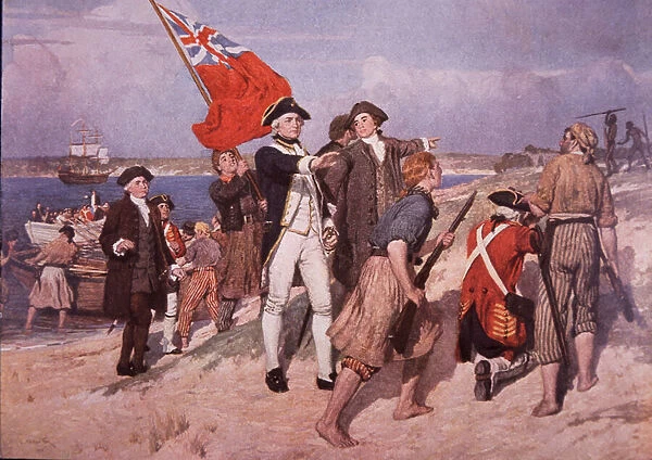 Captain James Cook lands in Australia (colour litho)