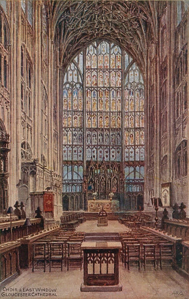 Choir and East Window, Gloucester Cathedral (colour litho)