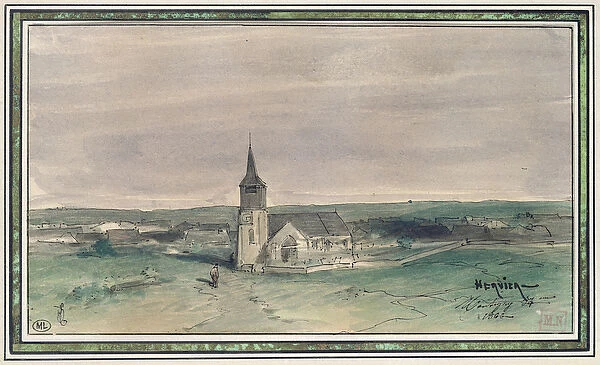 Church and Village in the Middle of a Field, Montigny, 1866 (pen & ink and w  /  c on paper)
