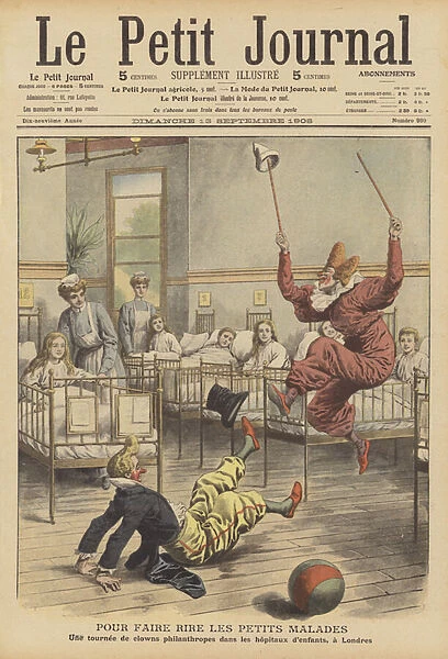 Clowns entertaining sick children in a hospital in London (colour litho)