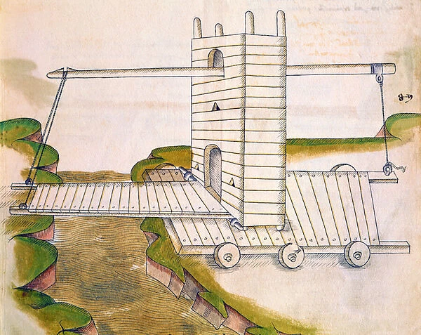 Design for a machine with drawbridge on wheels for use in warfare or sieges, illustration from De Machinis (pen and ink and w  /  c on paper)