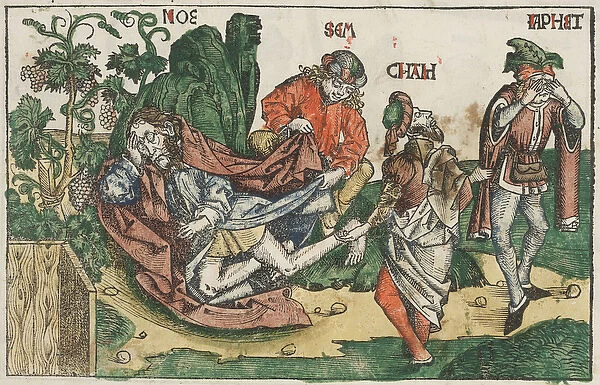 The Drunkenness of Noah, c. 1483-95 (hand-coloured woodcut)