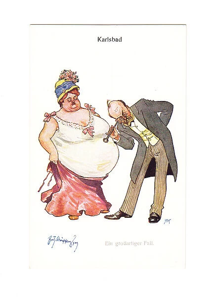 Edwardian humerous postcard of a doctor with his earpiece to a very fat womans belly