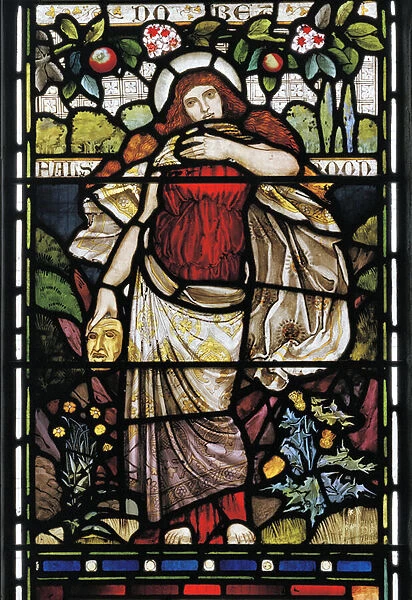 Falsehood, from Piers Ploughman, by William Langland, 1873 (stained glass)