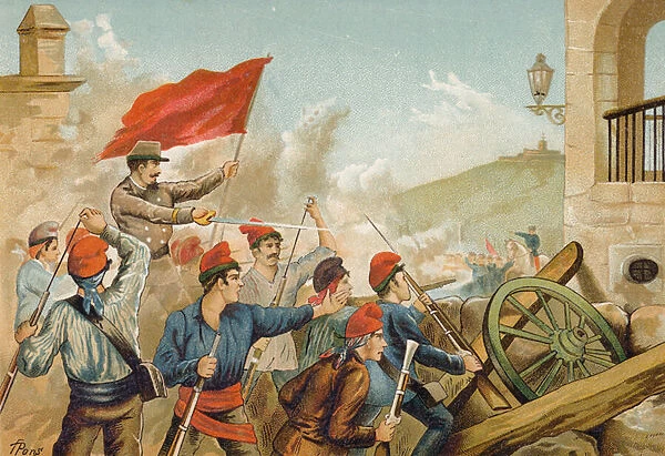 Fighting between Republican volunteers and soldiers, Sarria, Barcelona, 1874 (chromolitho)