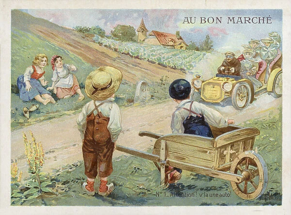 French Children watching speeding car (chromolitho)