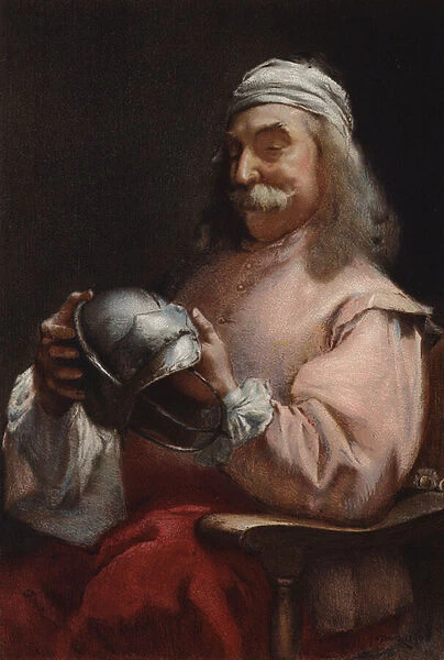 A Friend in Need, portrait of a man looking at a helmet (chromolitho)