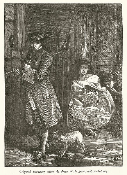Goldsmith wandering among the streets of the great, cold, wicked city (engraving)