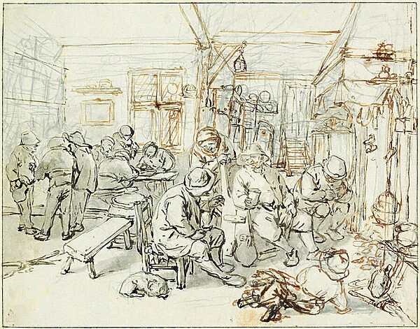 Un groupe de paysans dans une taverne (Company of Peasants in a Tavern) - Dessin de Adriaen Jansz van Ostade (1610-1685), crayon et encre de chine sur papier, vers 1675 - Albertina, Vienna (Autriche)