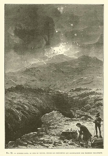 Humphry Davy, Au Pied Du Vesuve, Etudie Les Phenomenes Qui Accompagnent Une Eruption Volcanique (engraving)