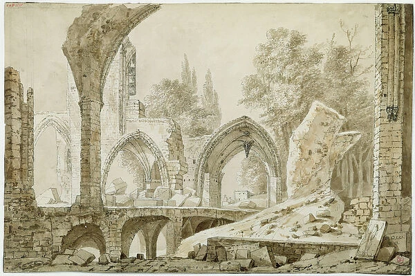 Interior of the Church of Sainte-GeneviAeeve in Ruins, 1807 (pen and ink wash on paper)
