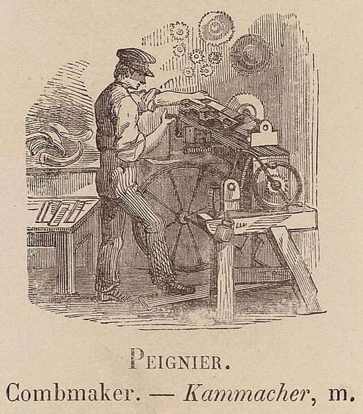 Le Vocabulaire Illustre: Peignier; Combmaker; Kammacher (engraving)