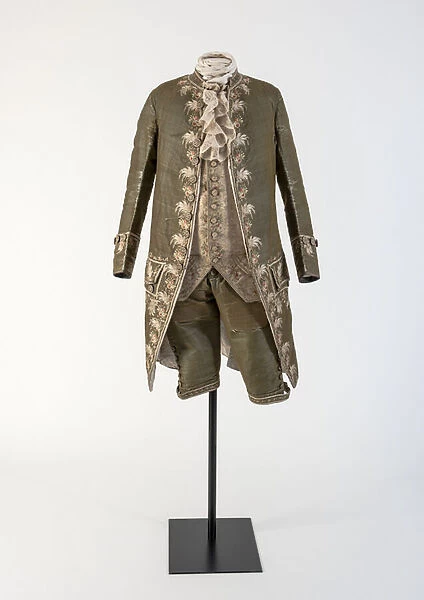 Mans green woven silk embroidered coat and breeches, worn at court, 1770s (silk)